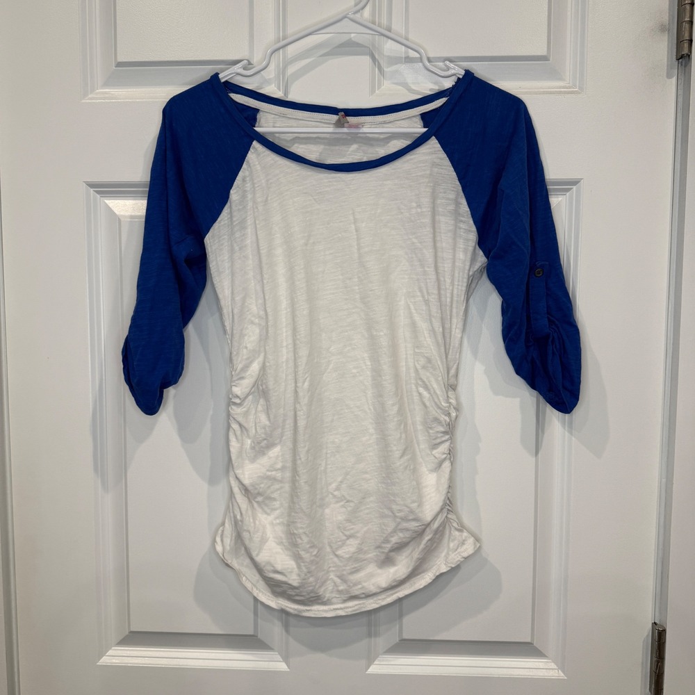 Oh! Mamma‎ Maternity Baseball Tee Blue White Slub Knit Ruched Top Size Small